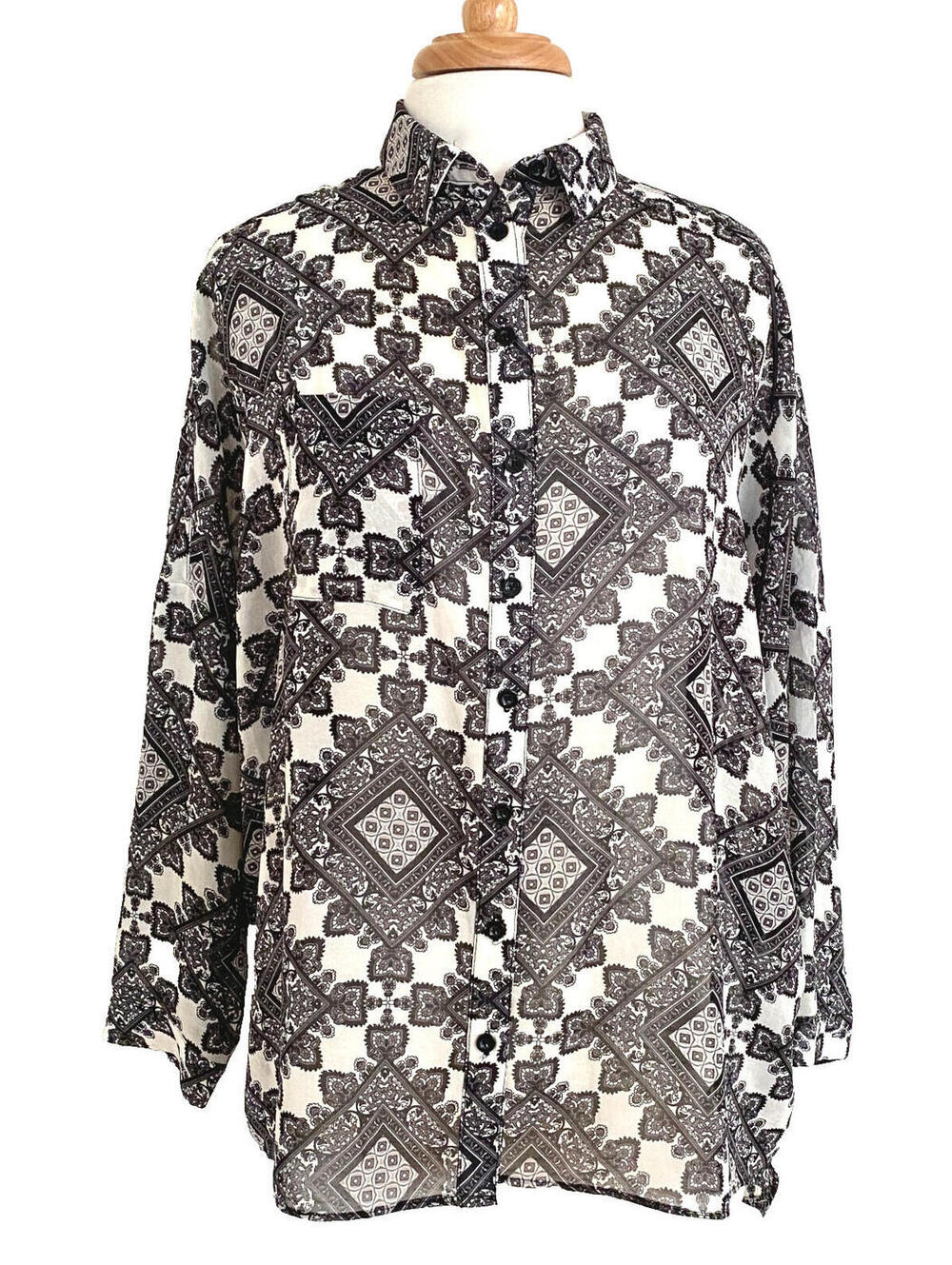 NWT SANS SOUCI Black Off-White Paisley Print Sheer Tunic Top Blouse Oversized XS